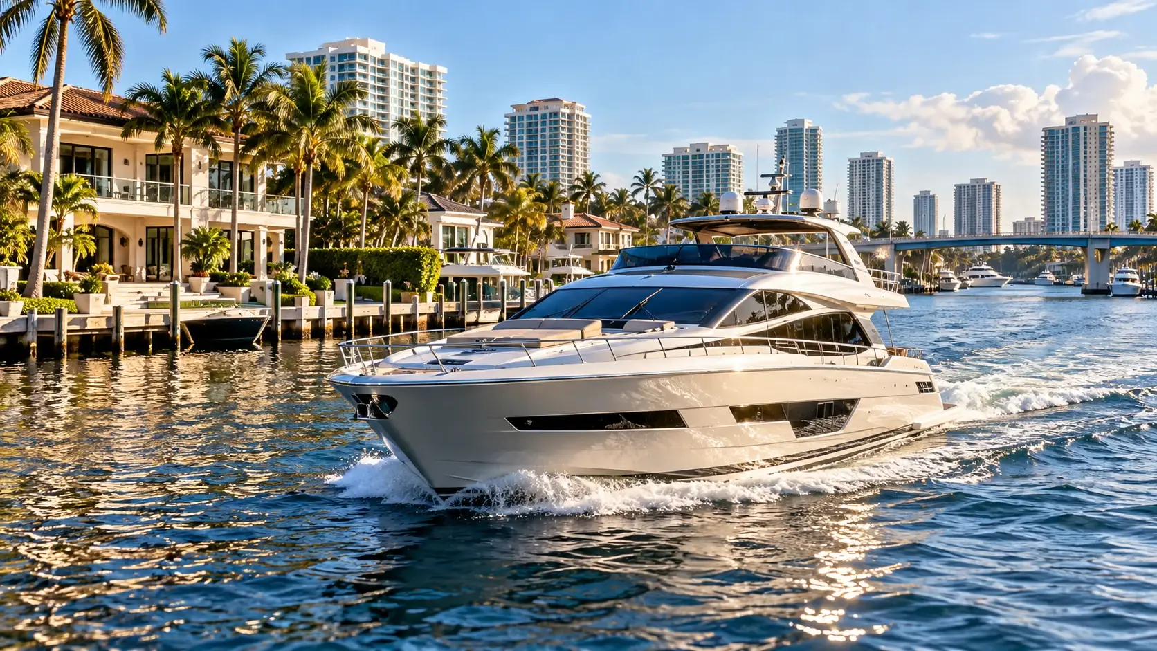 Luxury yacht cruising a Fort Lauderdale-inspired waterway — buyer closing incentives illustration