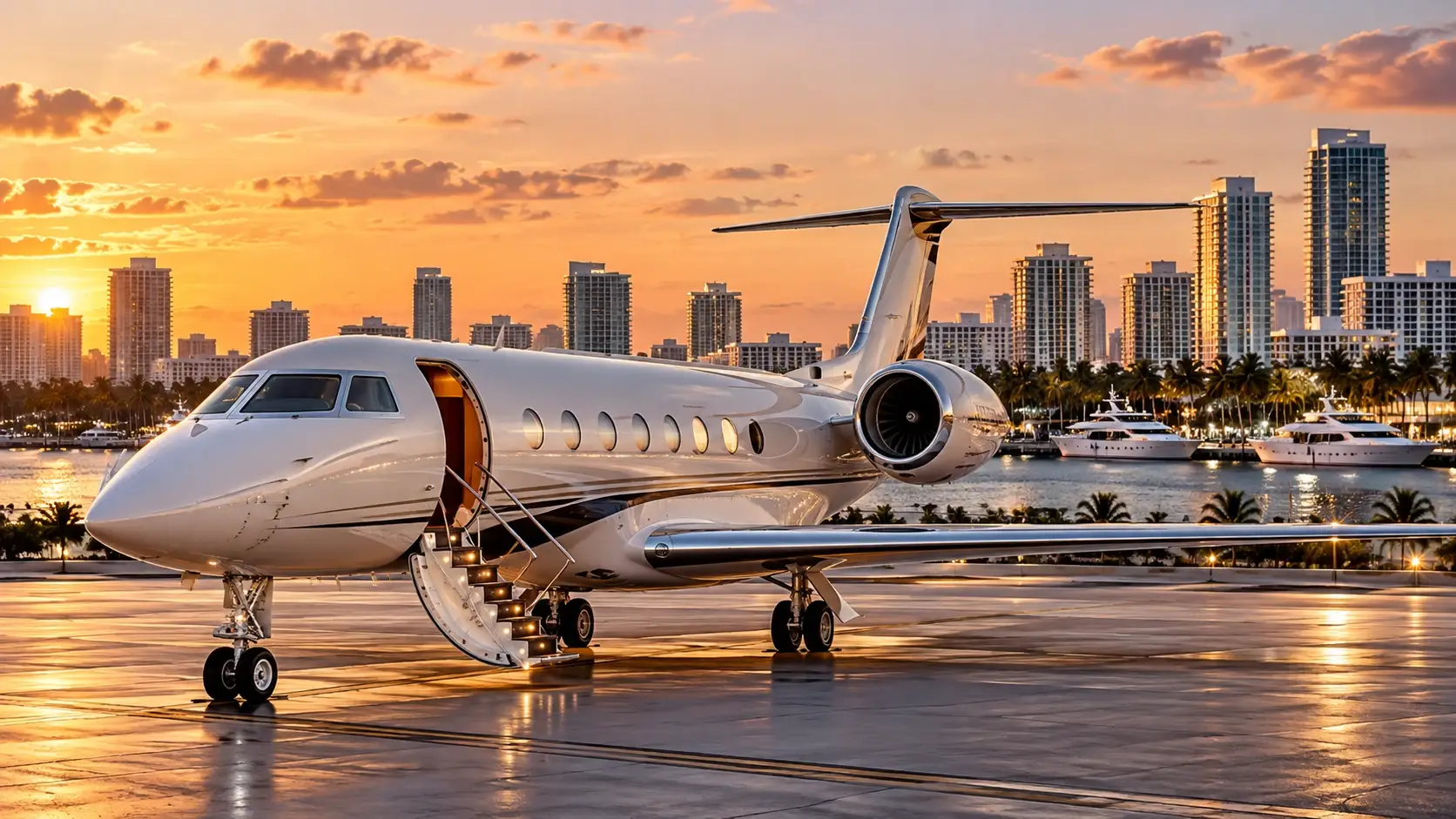 Private jet at sunset with a Fort Lauderdale-inspired skyline — buyer closing incentives illustration