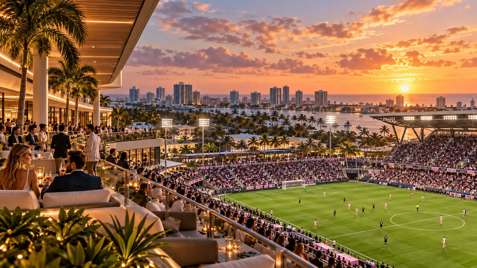 VIP terrace overlooking a South Florida-inspired soccer stadium — buyer closing incentives illustration