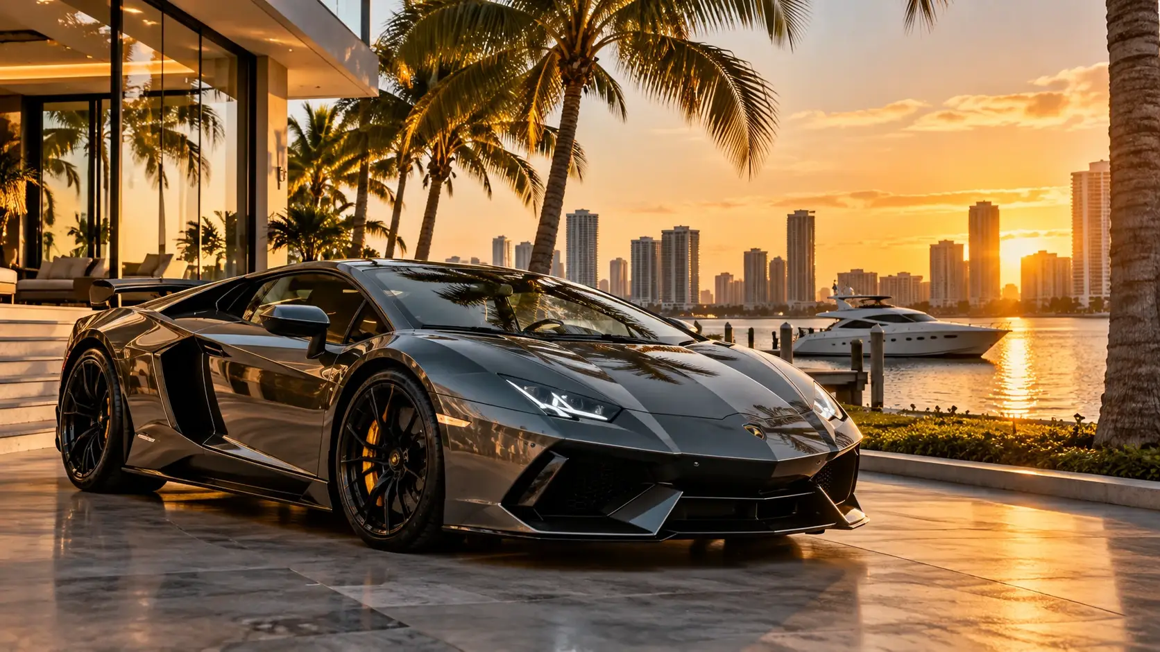 Luxury supercar beside a marina at sunset — Fort Lauderdale buyer closing incentives illustration