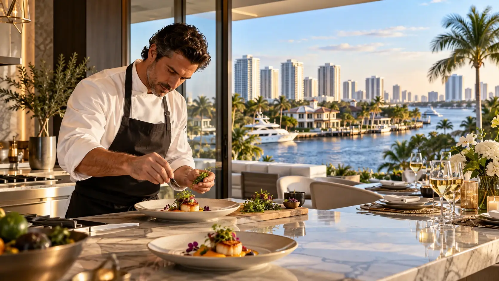 Private chef preparing a luxury dinner overlooking a Fort Lauderdale-inspired waterfront — buyer closing incentives illustration